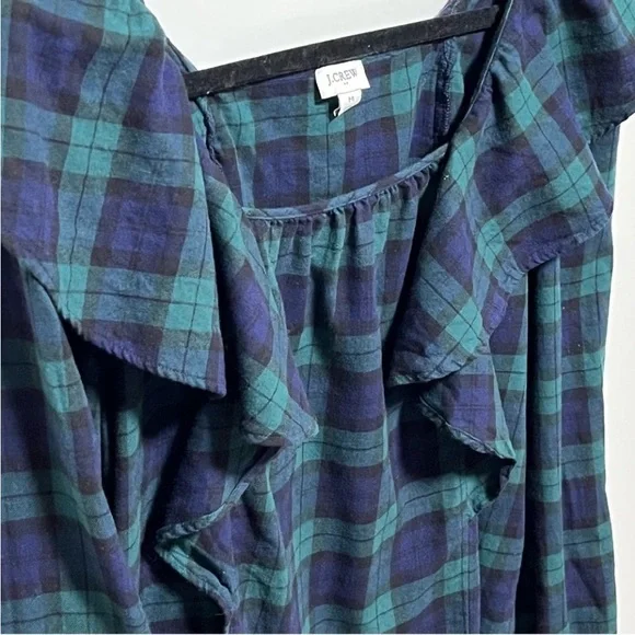 J. Crew Blackwatch Trendy Green Blue Flannel ruffled plaid squareneck ruffle top - Picture 2 of 11